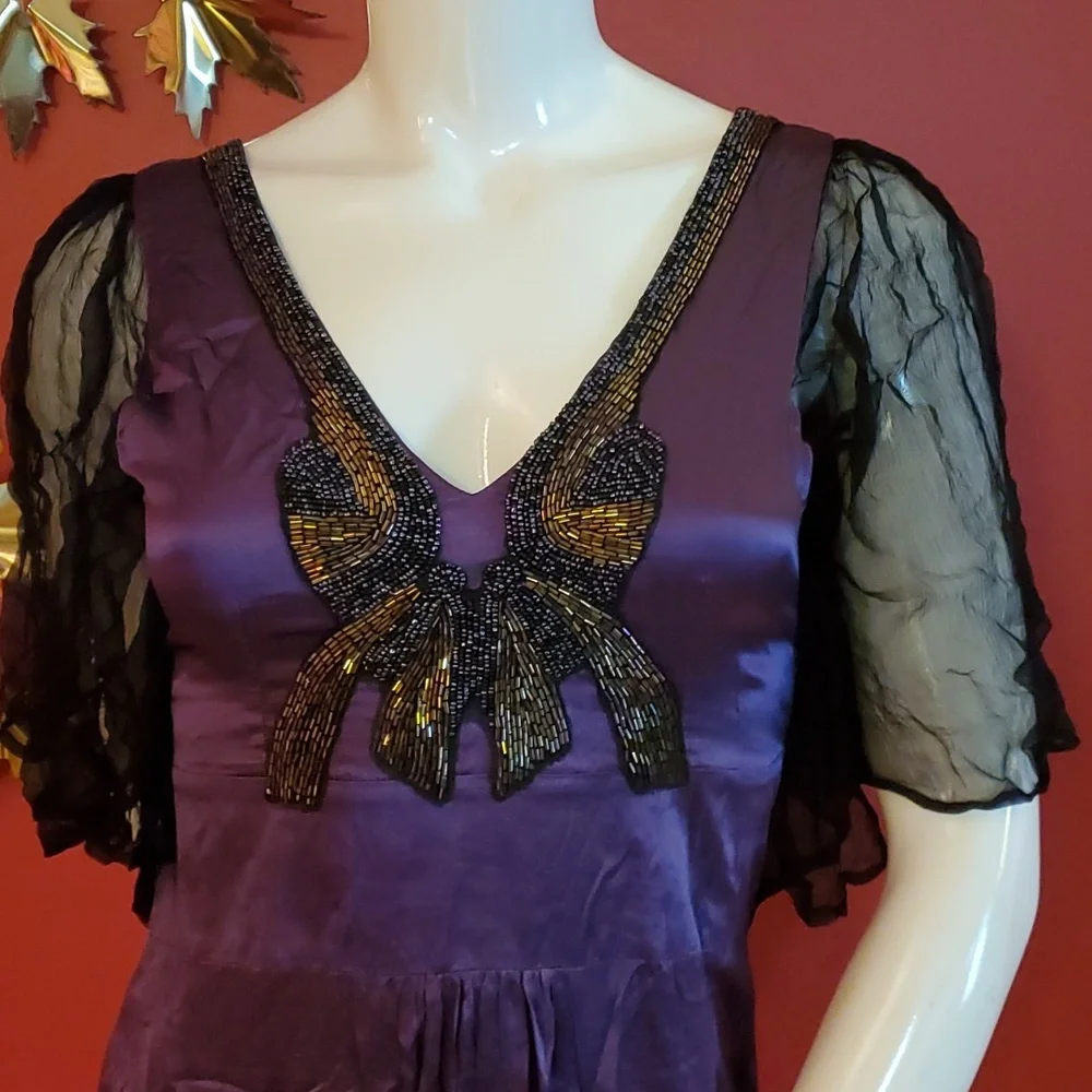 Silk Maxi BIBA Butterfly Beaded Purple Flutter Dress Mid Arm Flutter Sleeves - Picture 4 of 10